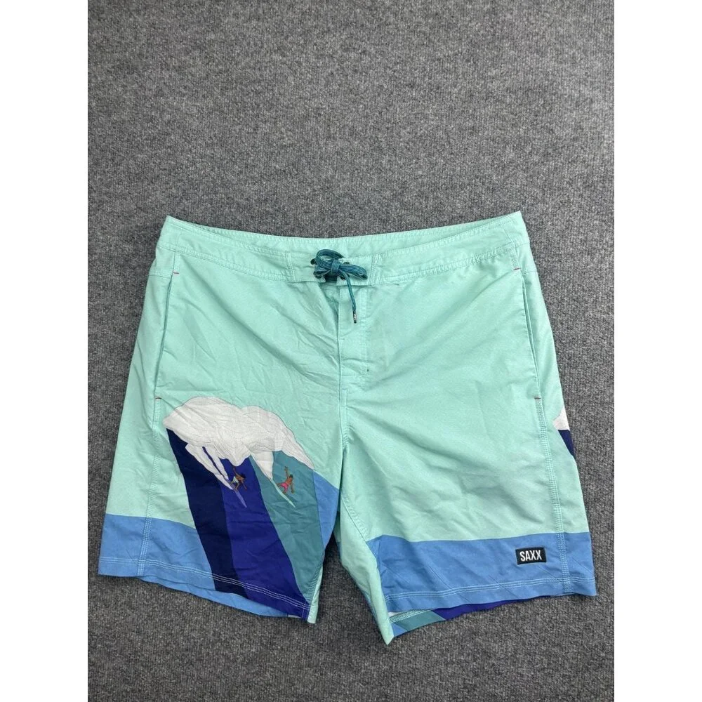 SAXX Board Shorts‎ Mens 36 Green Surfer Wave Print Swim Trunks Lined Drawstring